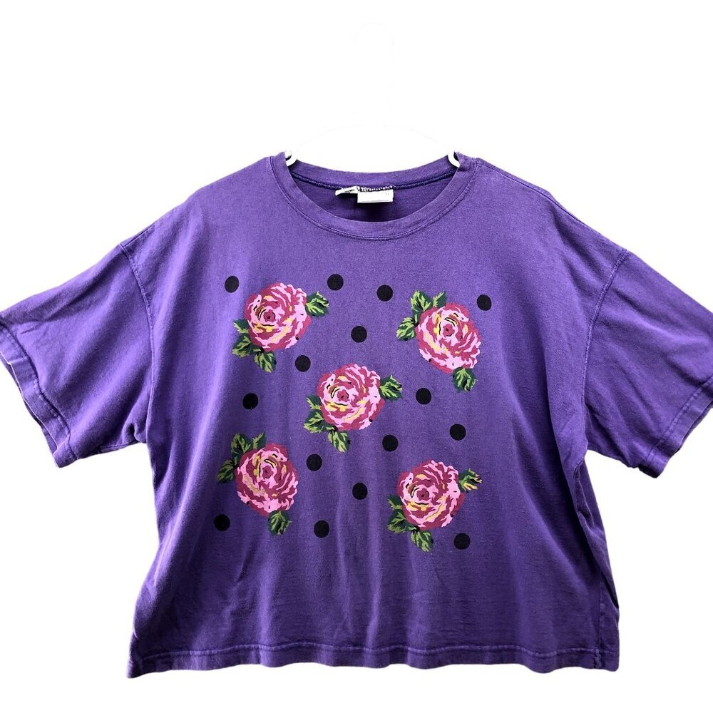 Vintage 90s T Shirt Pinwheels Purple Graphic Rose Print‎ Cropped Womens One Size